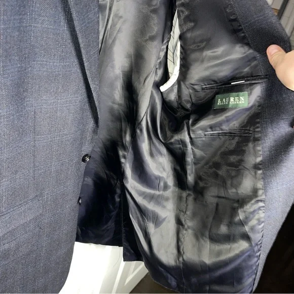 Lauren Ralph Lauren Grey 100% Wool Blazer Windowpane Size 44L Suede Elbow Patch - Picture 5 of 12
